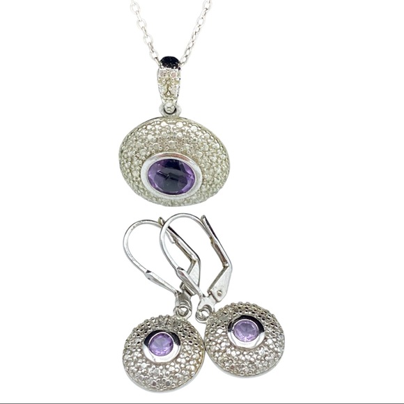 🌺Bridge Gemstones Diamond + Amethyst 18” Necklace + Earrings Set